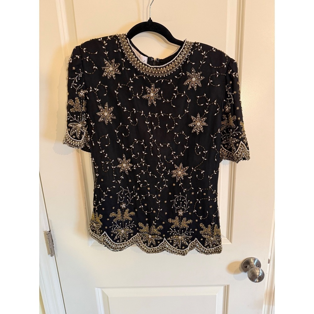 VTG Laurence Kazar Silk Blouse Top Beaded Shoulder Pads Black White Gold Size L